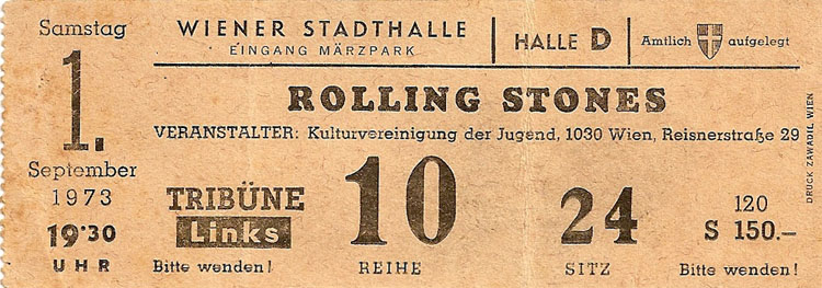 Rolling Stones ticket, Vienna September 1st 1973  Bill Wyman & Charlie Watts, Vienna 1973  Manolo Gioppo 