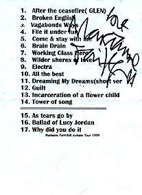 Setlist signed by Marianne Faithfull